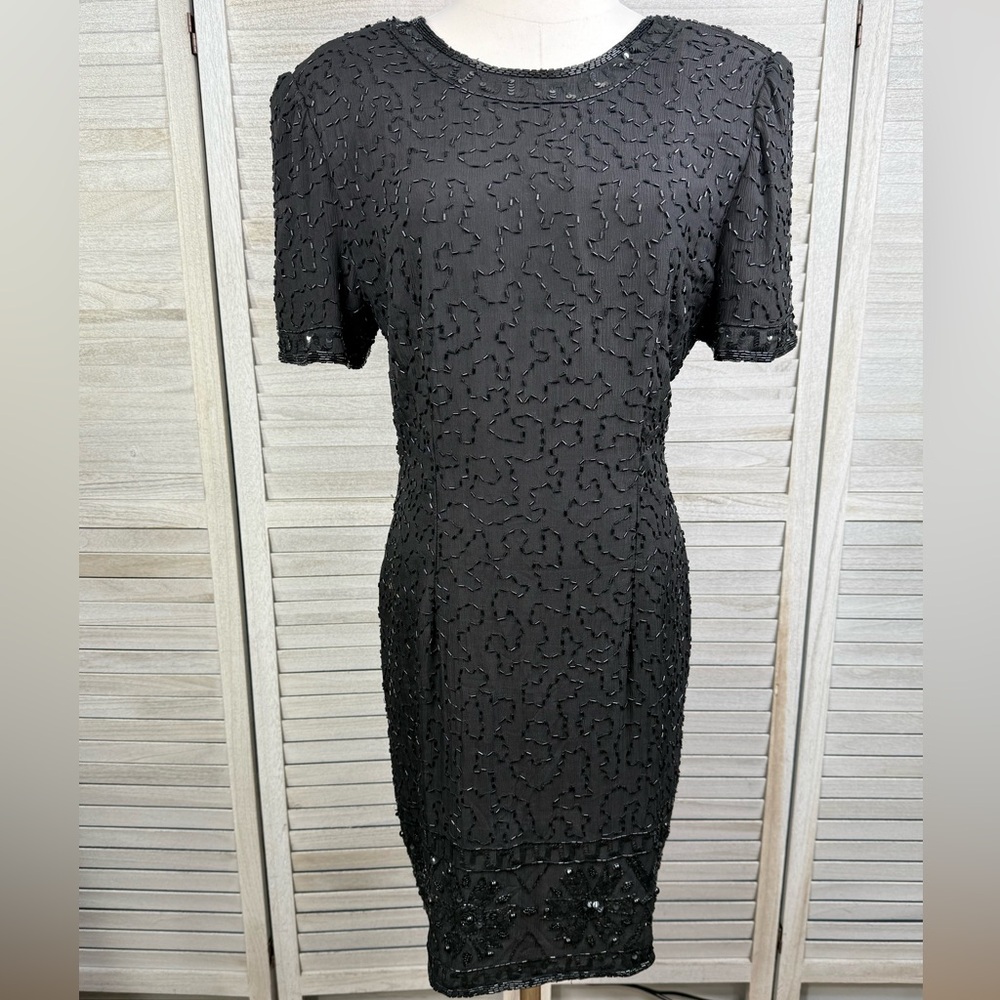 STENAY Vintage 80's/90's Beaded Silk Cocktail Dress Black-12